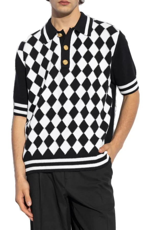 Balmain Diamond Pattern Knit Polo Shirt